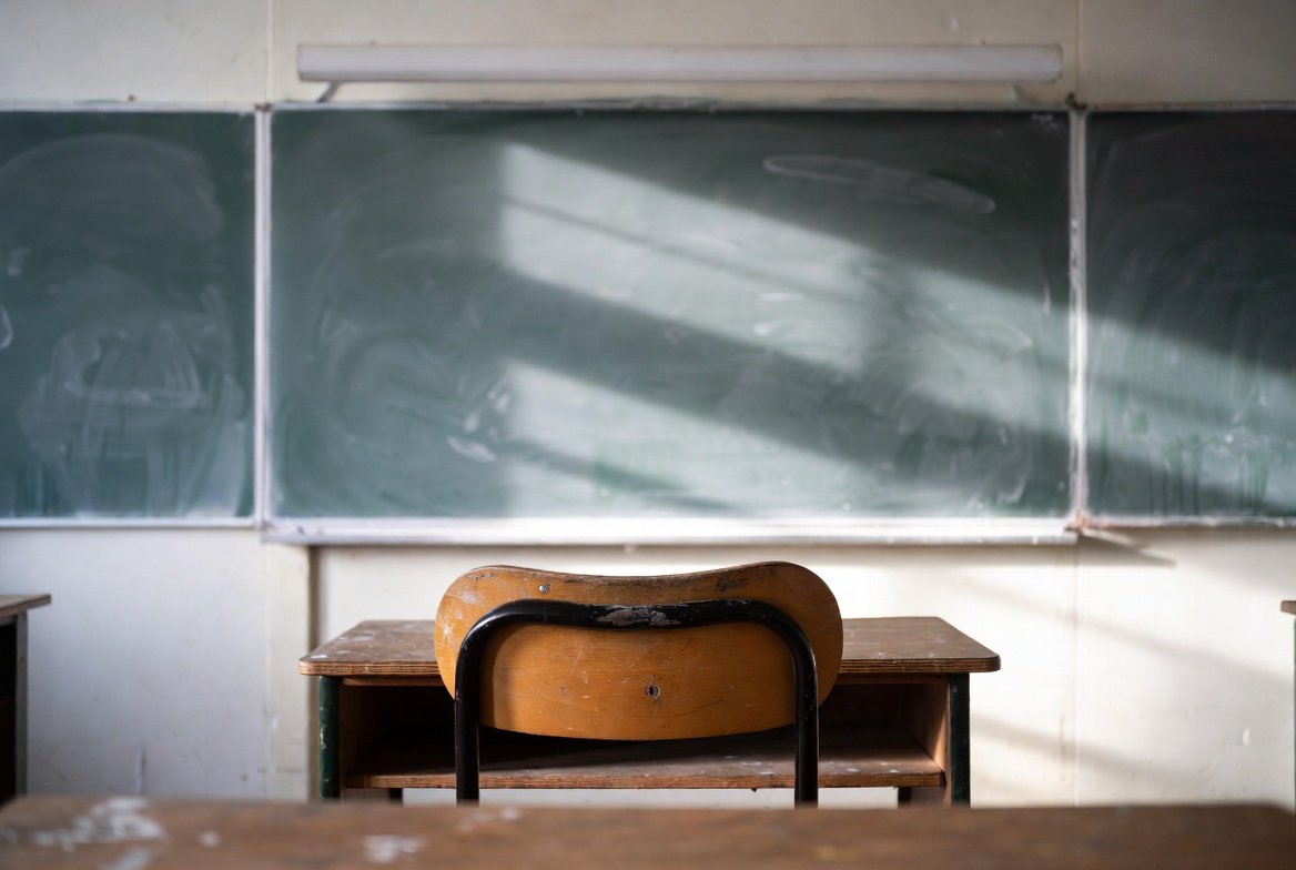 Salle de classe vide avec un bureau d'enseignant inoccupé et un tableau noir, évoquant un long arrêt maladie et une mise à la retraite contestée