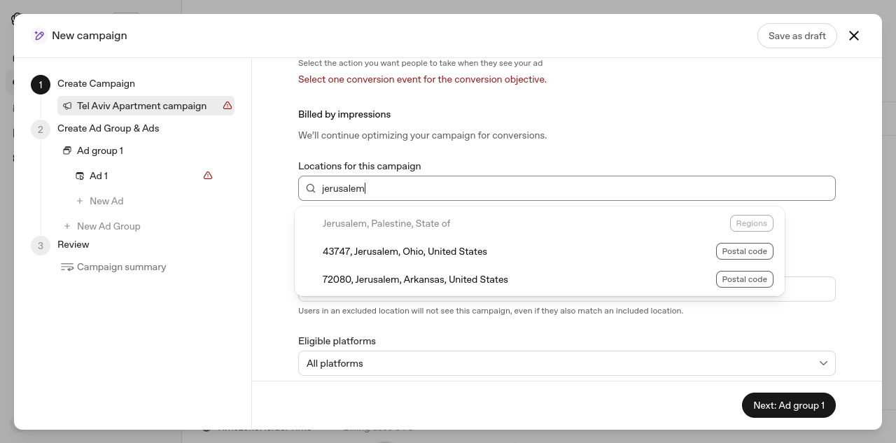 Capture d’écran de l’Ads Manager d’OpenAI (bêta), nouvelle campagne, champ des lieux : la saisie « jerusalem » propose « Jerusalem, Palestine, State of » (Regions), puis les codes postaux 43747 (Jerusalem, Ohio, États-Unis) et 72080 (Jerusalem, Arkansas, États-Unis). Aucune suggestion pour Jérusalem, en Israël.