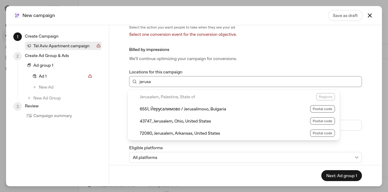 Capture d’écran de l’Ads Manager d’OpenAI (bêta), nouvelle campagne, champ des lieux : la saisie « jerusa » propose « Jerusalem, Palestine, State of » (Regions), puis les codes postaux 6551 (Jerusalimovo, Bulgarie), 43747 (Jerusalem, Ohio, États-Unis) et 72080 (Jerusalem, Arkansas, États-Unis).