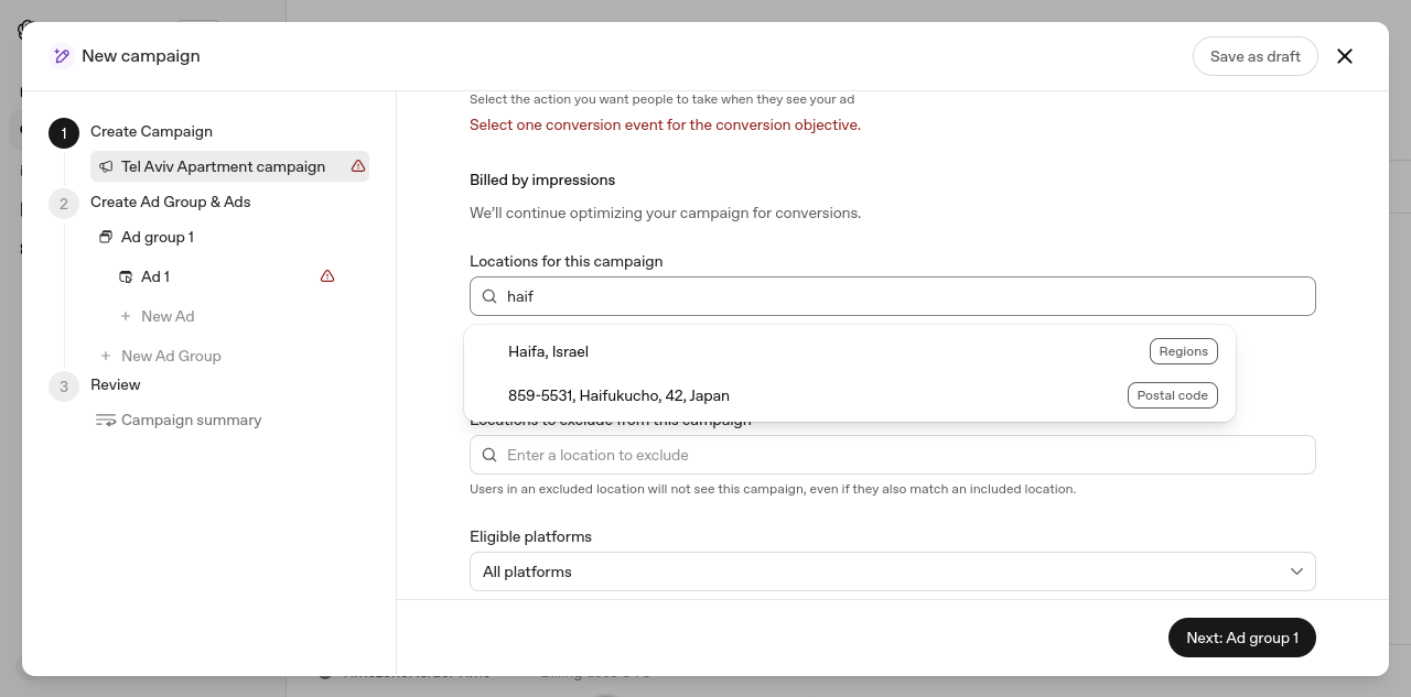 Capture d’écran de l’Ads Manager d’OpenAI (bêta), nouvelle campagne, champ des lieux : la saisie « haif » propose « Haifa, Israel » (Regions), puis un code postal au Japon (859-5531, Haifukucho).