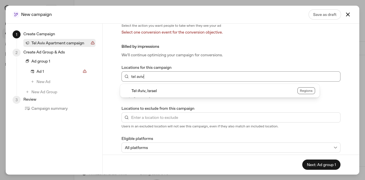 Capture d’écran de l’Ads Manager d’OpenAI (bêta), nouvelle campagne, champ des lieux : la saisie « tel aviv » affiche « Tel-Aviv, Israel » (Regions).